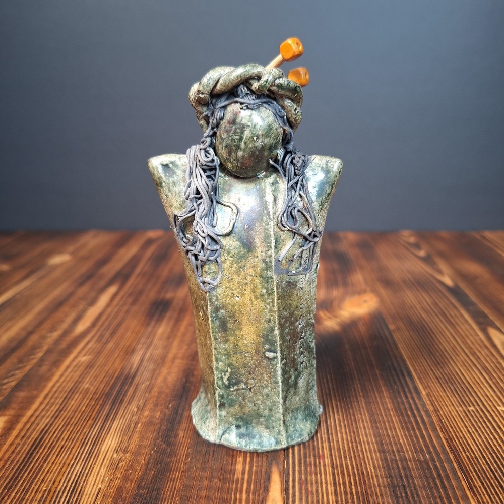 Bonnie Signed M Ceramic Woman Sculpture Folk Art Pottery Spaghetti Style 5in